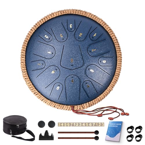 Steel Tongue Drum 13 Inch 15 Notes, C Major 432 Hz Handpan Drum for Adults, Kids, and Beginners, Meditation Gift, with Music Book, Mallets and Carry Bag (Navyblue) - color: Navyblue, size: 13 Inch - Air Series