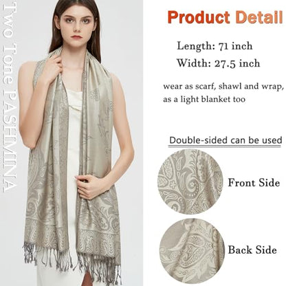Pashmina Shawl Wrap with Ethnic Paisley Two Tone Jacquard Scarf for Women - color: Paisley-cream