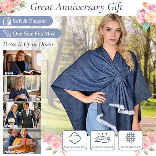 QUIRAI Shawl Wraps for Women, Elegant Pashmina Poncho Shawl for Air Conditioned Rooms,Birthday Gifts for Women Mom Wife - color: Navy Blue