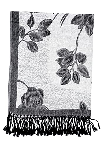 Achillea Reversible Paisley Pashmina Rave Scarf – Exotic Indian Shawls and Wraps for Evening Dresses, Festivals, All Seasons - color: Floral Silver Grey