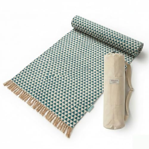 VINYASA Handwoven Cotton Yoga Rug Mat – Naturally Dyed | Absorbent, Washable Yoga Mat/Fitness Rug, Hatha, Pilates & Meditation - Non-Slip Grip | Extra Long & Wide | Trikon Series - color: Indigo