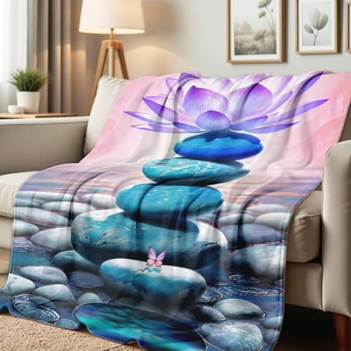 Zen Stones Print Blanket Lotus Flower Throw Flannel Blanket Zen Decor Bedding for Bed Sofa Office Yoga Room Meditation Spa Gifts (49"x59") - color: Blue, size: 49"x59"