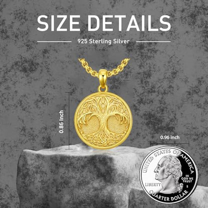 Tree of Life Necklace 925 Sterling Silver Round Tree of Life Pendant Jewelry for Men Women, w/Stainless Steel Chain 22''+2'' - style: A03-Gold