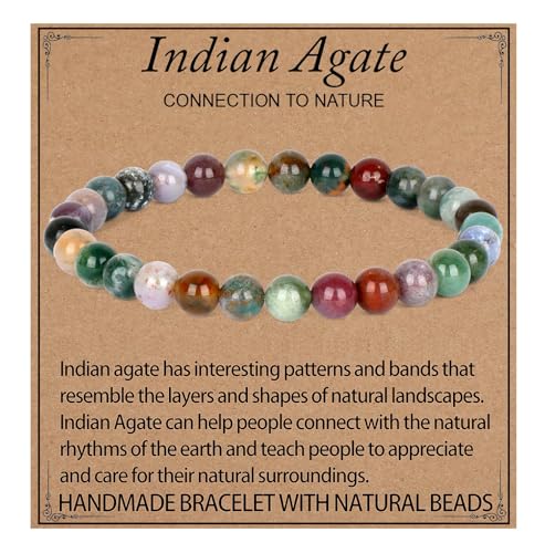 LPBeads Handmade Natural Gemstone Stretch Elastic Bracelet Healing Crystal Round Stone Beads Jewelry Gifts for Women Men - color: Indian Agate, size: 6mm