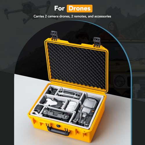Lykus PVC1 Waterproof Hard Camera Case with Padded Dividers for Cameras, Lenses, Dual DJI Mavic/Air/Mini/Flip drones - color: Yellow PVC1