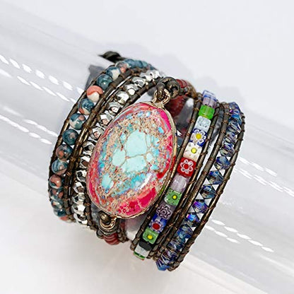 Boho Wrap Bracelet for Women, Handmade Natural Imperial Jasper Multi-Layer Stone Beaded Bracelet, Bohemian Healing Crystal Stone Jewelry Gifts - color: Emperor Stone 2#