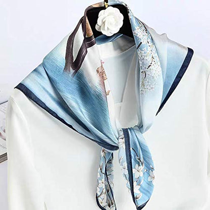 100% Pure Mulberry Silk Scarf 35" Large Square Lightweight Headscarf –Women’s Hair Wraps-With Gift Packed - color: Flower& Tree