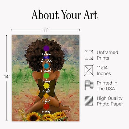 Chakra Wall Art African American Woman - 11x14 Spiritual Meditation Decor - Black Art Positive Affirmations Poster - Inspirational Yoga Room Print - Mindfulness Gifts for Women - UNFRAMED - size: 11"L x 14"W