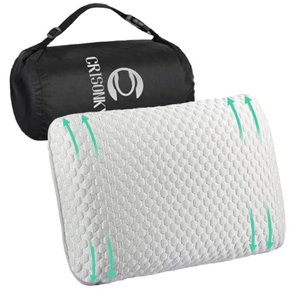 Crisonky Travel and Camping Pillow- Compressible Medium Firm Memory Foam Pillow with Carry Bag for Backpacking & Airplane, Lumbar Support. Breathable Cooling Fabric, Washable Pillowcase (Royal Silver) - color: Royal Silver