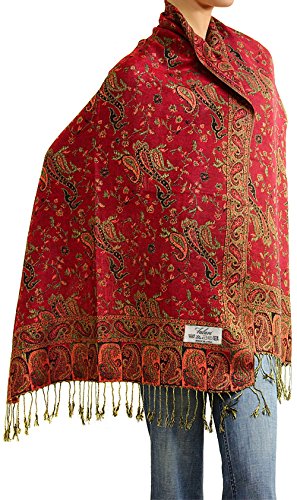 Falari Women's Reversible Paisley Pashmina Shawl Wrap Scarf For Evening Dresses Festivals Any Occasions All Seasons 80"x27" - color: Style 1 - Red