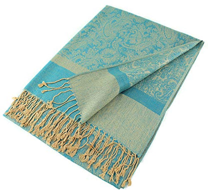 PASKMLNA Paisley Jacquard Pashmina Shawl Wrap Scarf Stole - color: Aqua Camel
