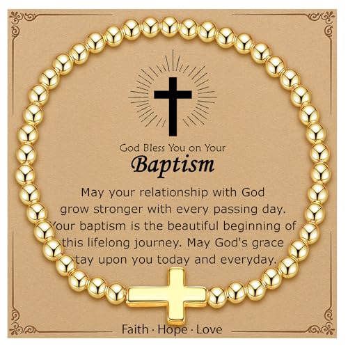 Cross Bracelet for Her,14K Gold Bracelets for Women,Beaded Bracelets as Christian Confirmation Religious Baptism Gifts for Women Teen Gold Jewelry - color: Baptism-01