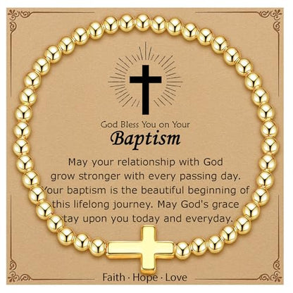 Cross Bracelet for Her,14K Gold Bracelets for Women,Beaded Bracelets as Christian Confirmation Religious Baptism Gifts for Women Teen Gold Jewelry - color: Baptism-01