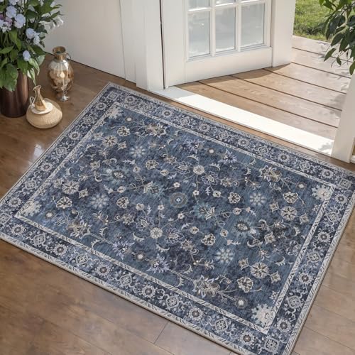Tangsoo Small Rug 2x3 Throw Rugs for Entryway Washable Entry Rug Non Slip, Vintage Blue Floral Indoor Rugs Distressed Small Carpet Soft Low Pile Boho Door Mat for Entrance Bedroom Kitchen Foyer Decor - color: Distressed Blue Black, size: 2' X 3' (Rectangu