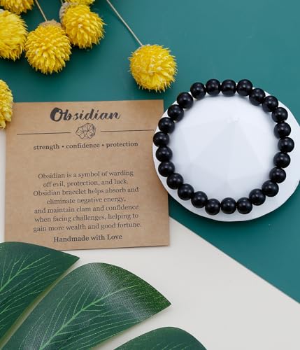 BOMAIL Natural Stone Bracelet for Women Men - 8MM Semi-Precious Gemstone Beaded Bracelet Healing Crystal Stretch Bracelet Yoga Bracelets Jewelry - color: Obsidian