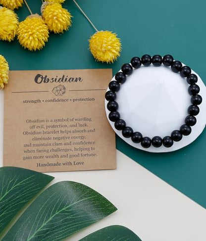 BOMAIL Natural Stone Bracelet for Women Men - 8MM Semi-Precious Gemstone Beaded Bracelet Healing Crystal Stretch Bracelet Yoga Bracelets Jewelry - color: Obsidian