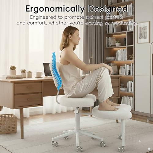 Meditation Chair with Wheels, Ergonomic Criss Cross Chair, Adjustable ADHD Floor Sitting Chair, Swivel Cross Legged Office Chair with High Back, Kneeling Posture Chair, Teddy Fabric,Ivory - color: （teddy Fabric）ivory