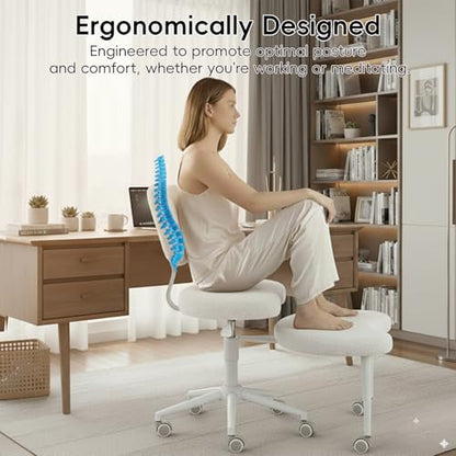 Meditation Chair with Wheels, Ergonomic Criss Cross Chair, Adjustable ADHD Floor Sitting Chair, Swivel Cross Legged Office Chair with High Back, Kneeling Posture Chair, Teddy Fabric,Ivory - color: （teddy Fabric）ivory