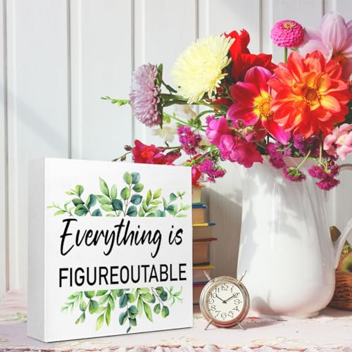 Everything is Figureoutable Wood Box Sign, Inspirational Desk Decor for Women, Small Motivational Living Room Bedroom Shelves Desk Decor Signs 5x5x1 INCH - style: Everything is Figureoutable