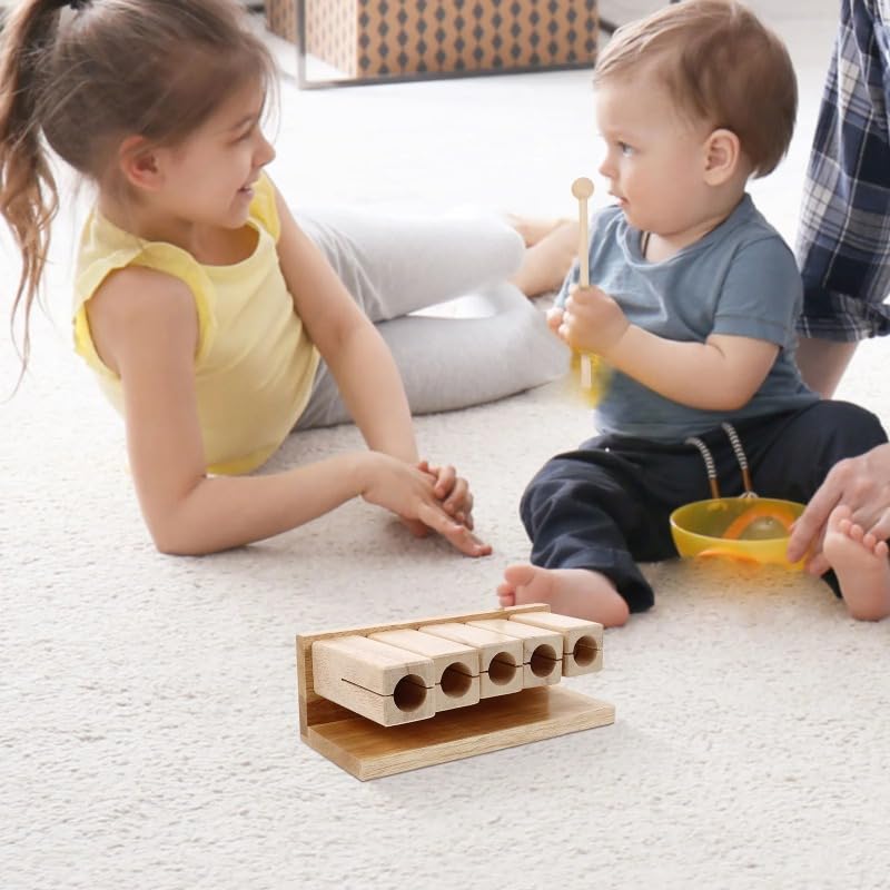 5-Tone Wood Percussion Block with Hammer – Maple Rhythm Blocks for Orff Instruments, Yoga, Meditation, and Music Therapy – Clear Sound, Hand Polished Finish