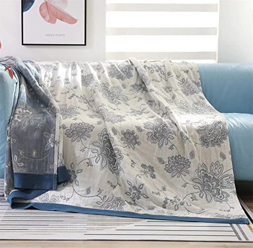 MSGKV Summer Throw Blanket 100% Cotton 60"x80", Versatile Woven Soft Decorative Blankets for Chair Bed Sofa Couch Bedroom Living Room - color: M-blue Flower, size: 60"x80"