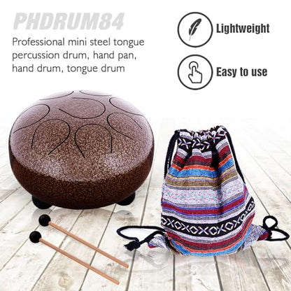 Pyle Steel Handpan Mini Tongue Drum - 8 Inch Hanging Intuitive Musical Instrument for Hand Percussion Beat - Meditating & Calming Music Includes Mallet Stick Rubber Ball on The Head & Bag Set - color: Light brown