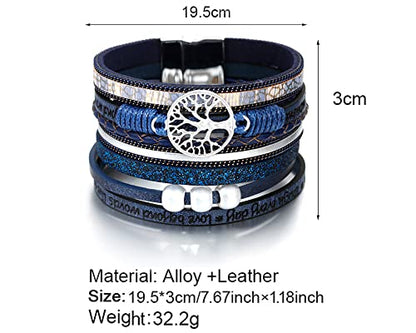 Fesciory Leather Wrap Bracelets for Women, Boho Leopard Multi-Layer Crystal Beads Cuff Bracelet Jewelry - color: B26:Tree of Life(Blue)