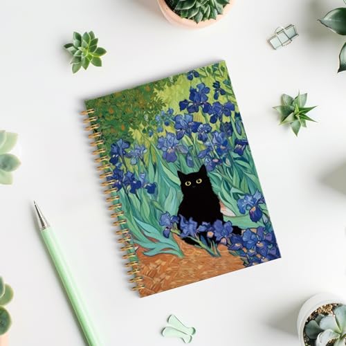 ROXMART Irises Floral Black Cat Spiral Notebook, Black Cat Gifts Journal, Cats Lover Gifts for Women, Abstract Flower Field Kitty Kitten Hardcover Notebook Journal, 5.5x8.3 Inch - color: Style07