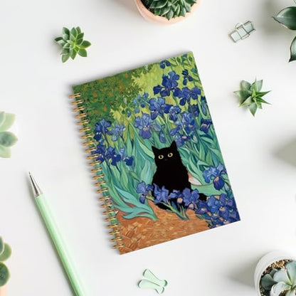 ROXMART Irises Floral Black Cat Spiral Notebook, Black Cat Gifts Journal, Cats Lover Gifts for Women, Abstract Flower Field Kitty Kitten Hardcover Notebook Journal, 5.5x8.3 Inch - color: Style07