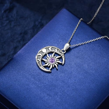 Sun and Moon Necklace 925 Sterling Silver Sun Moon Pendant Gemstone Jewelry Gifts for Women - style: February
