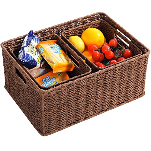 HOONEX Large Woven Baskets for Storage, Paper Rope Baskets with Sturdy Metal Wire Frame, Baskets for Shelves, Set of 3, Dark Brown - color: Dark Brown, size: 17"D x 12.2"W x 7.5"H