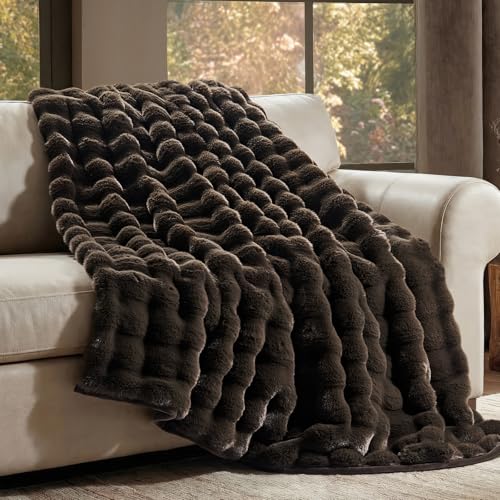 EverGrace Ultra Soft Luxury Fluffy Faux Rabbit Fur Throw Blanket, Thick Warm Bubble Throw for Bed, Cozy Plush Reversible Blankets for Couch, Chair, Sofa, Dark Brown, 50x60 Inches - color: Dark Brown, size: 50"x60"