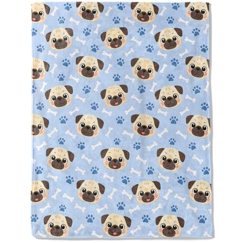 Cute Pug Dog and Paw Print Fleece Blanket,Fun Cartoon Puppy Face Blankets,Soft and Warm Decorative Throws for Cabin,Office,Sofa,Lightweight Throw Gifts for Teens Kids Pet Lovers 50”x60” - color: Pug, size: 50x60 inch