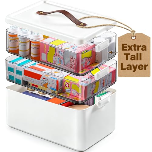 Homaigie Extra Tall 3-Tier Medicine Cabinet Organizer for Upright Medicine Bottles Organizer, Portable Medicine Storage Box with Leather Handle, Empty First Aid Kit Container for Home, Travel - size: 3-Tier
