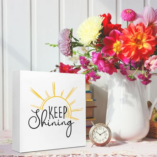 Wooden Box Sign "Keep Shining" 5x5x1 INCH, Inspirational Quote Decor, Uplifting Message Plaque, Rustic Encouragement Sign for Office Desk, Teacher Gift Idea Motivational Display - style: Keep Shining