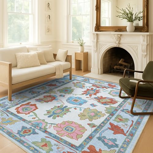 Fame Living Colorful Oushak Rug, Modern, Vintage, Turkish, Eclectic, Floral, Pastel, Washable, Area Rugs for Living Room, Dining, Bedroom, Office, Entryway, Foyer, Playroom, Nursery, 5'x6'9" - color: Cream Terra, size: 5' x 6'11" (Rectangular)