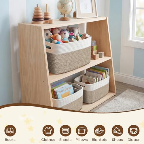 Storage Baskets for Organizing, 14 x 10 x 9” Closet Shelf Woven Baskets, Square Bins with Handles, Cotton Rope Basket for Clothes, Office, Room, White+Rice Brown 1 Pack