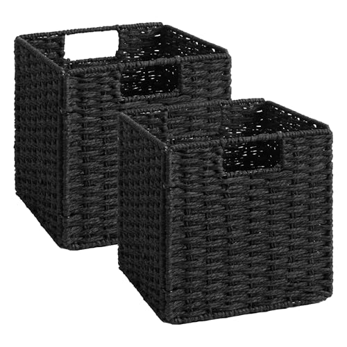 StorageWorks 9 inch Wicker Storage Cubes, Handwoven Wicker Baskets for Storage, Square Cube Basket, Foldable Paper Rope Basket for Organizing, Black, 2 Pack - color: Black, size: 9"L x 9"W x 9"H
