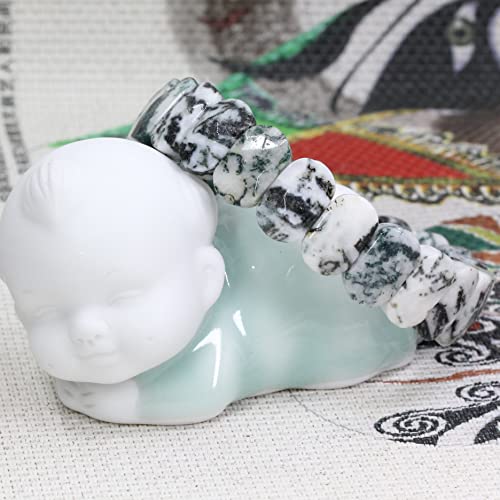Keleny Semi Precious Stones 14mm Faceted Oval Beads Crystal Rock Elastic Bangle 7.5 Inch - color: Green White Tree Agate