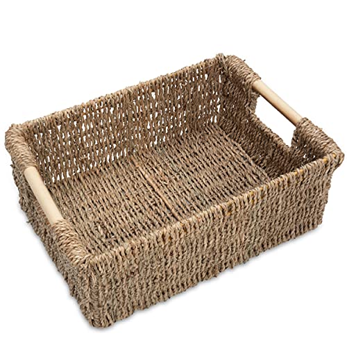 Natural Seagrass Storage Basket with Handle, Rectangular Woven Organizer Bin for Living Room or Shelf, Decorative Storage Basket, Medium Size 13.4 x 9.3 x 4.9 Inches - color: Seagrass, size: Medium (13.4"L x 9.3"W x 4.9"H)