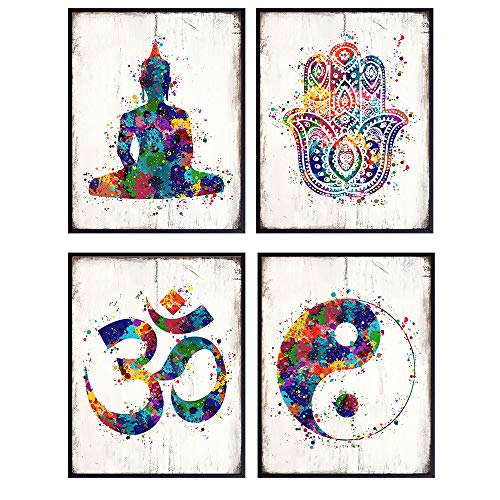 Zen Meditation Buddhist Wall Art Prints - 8x10 Spiritual Buddha, Yin Yang, Om, Hamsa Fatima Hand Photo Poster Set- Chic Room or Home Decor - Unique Gift For Yoga Fans – Unframed Pictures