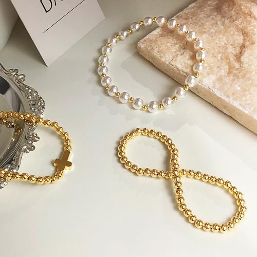 Zeffy Gold Pearl Beaded Bracelet for Women, 14K Gold Plated Jewelry Set With Paperclip Link Chain, Trendy Stack Bracelets - style: 3PCS Pearl Cross Beaded Bracelets