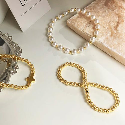 Zeffy Gold Pearl Beaded Bracelet for Women, 14K Gold Plated Jewelry Set With Paperclip Link Chain, Trendy Stack Bracelets - style: 3PCS Pearl Cross Beaded Bracelets
