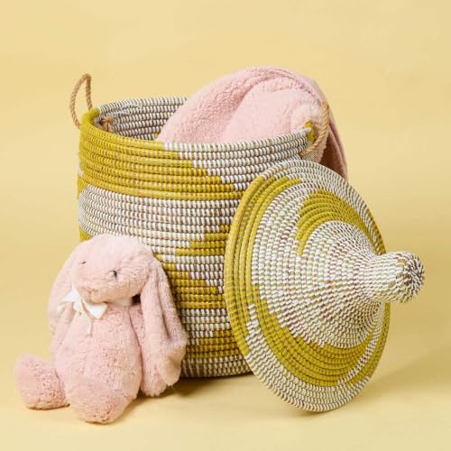 Small Yellow Basket - Organize Bedroom, Living Room, Nursery - Laundry Hamper, Toy Bin, Blanket Storage, Towels Holder - Decorative, Boho Style - Wicker, Woven, Lid, Handles - size: Small