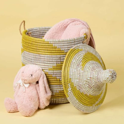 Small Yellow Basket - Organize Bedroom, Living Room, Nursery - Laundry Hamper, Toy Bin, Blanket Storage, Towels Holder - Decorative, Boho Style - Wicker, Woven, Lid, Handles - size: Small