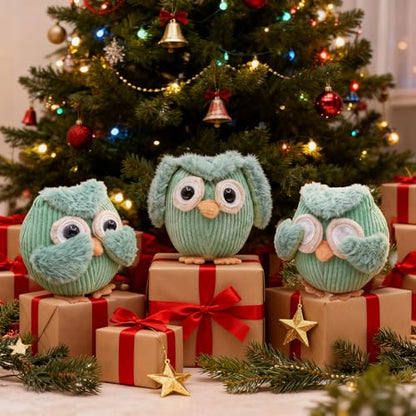 Etistta 3PCS Owl Plush for Home Decor 5 inch, See No Evil Hear No Evil Speak No Evil Owl Gifts for Women Bedroom Bird Christmas Decoration (Green)