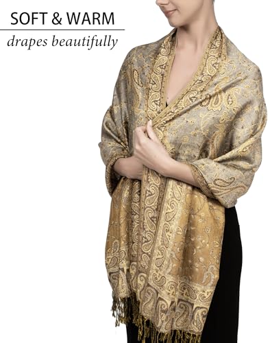 Achillea Reversible Paisley Pashmina Rave Scarf – Exotic Indian Shawls and Wraps for Evening Dresses, Festivals, All Seasons - color: Grey Gold
