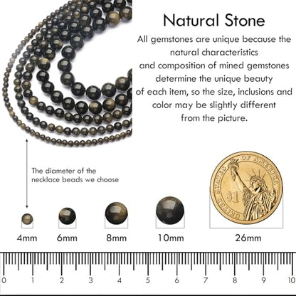Simple Choker Necklace for Women Real Stone and Crystals Necklaces 4mm Beaded Choker Jewelry Meditation Gift for Women (16"+2") - style: Golden Obsidian