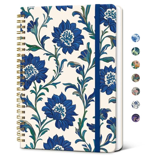 Taja Lined Spiral Journal Notebook for Women, A5 Cute College Ruled Hardcover Notebook for Work & Note Taking, Pretty Journal for Writing, 140 Pages, Cobalt Florals - color: e-Cobalt Florals