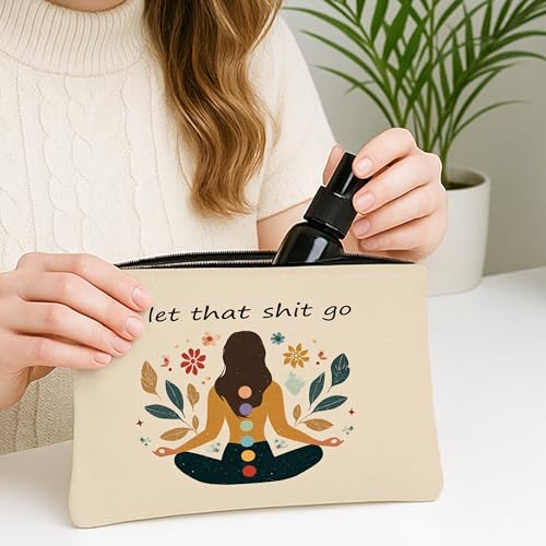 Meditation Floral Cosmetic Bag, Bohemian Chic Zen Makeup Pouch for Women, Portable Canvas Zip Organizer, Mindfulness Gift for Spring 7x9 Inch